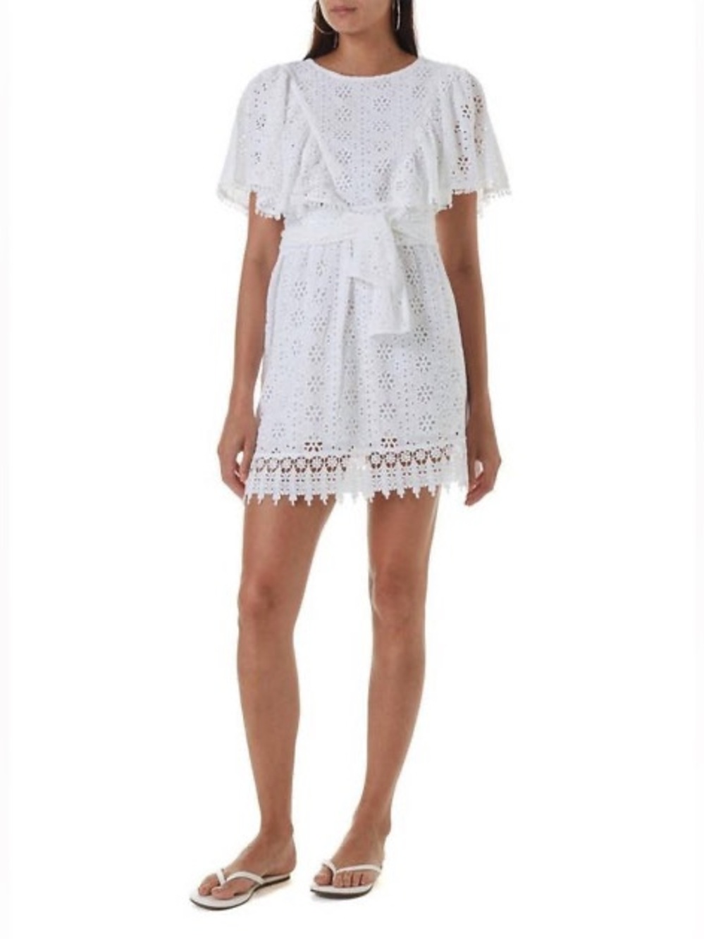 Melissa Odabash White Eyelet Lace Mini Dress Tie Waist Size L